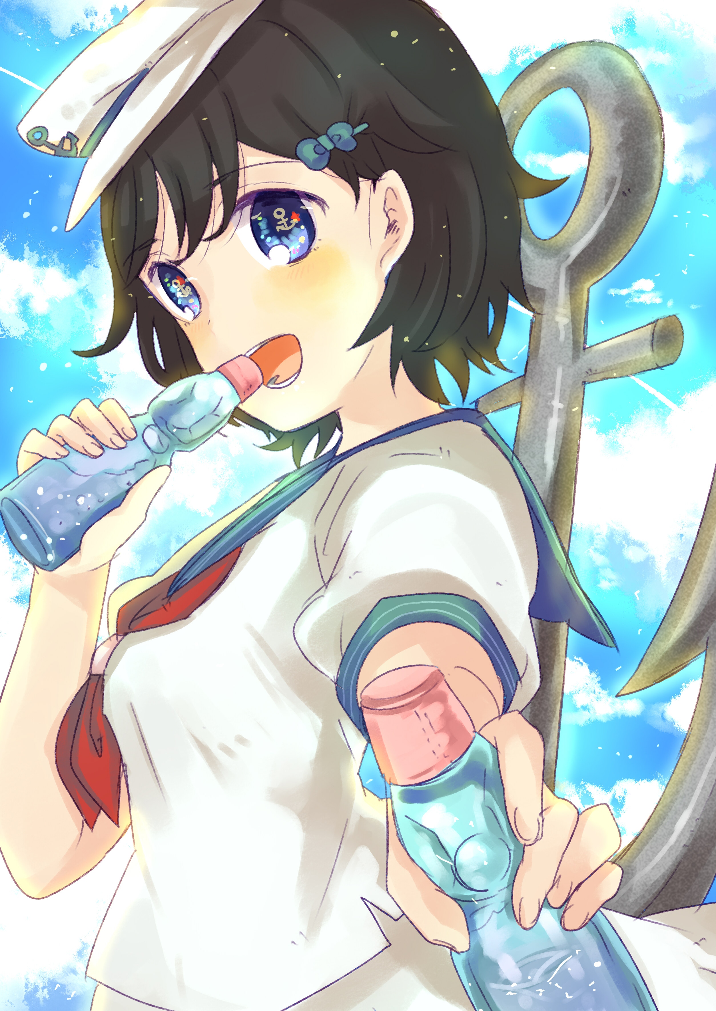 kippu, murasa minamitsu, touhou, absurdres, bad id, bad pixiv id, highres, 1girl, anchor, black hair, cloud, female focus, ghost, hair ornament, hairpin, happy, hat, ramune, sailor, sailor collar, sailor hat, short hair, sky, smile, solo, symbol-shaped pupils