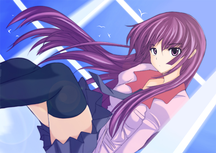 kokuu rikishi, saburouta, senjougahara hitagi, bakemonogatari, monogatari (series), 00s, 1girl, female focus, long hair, necktie, purple eyes, purple hair, school uniform, skirt, solo, thighhighs, zettai ryouiki