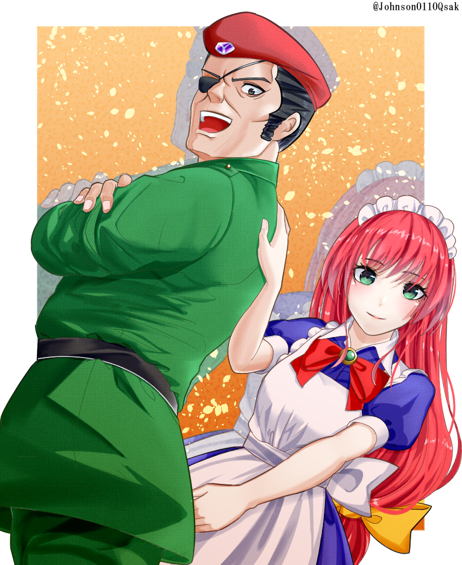 johnson0110, gates (seihou), vivit, seihou, 1boy, 1girl, apron, beret, black eyes, black hair, blue dress, bow, bowtie, dress, eyepatch, green eyes, green pants, green shirt, hair bow, hand on another's back, hat, long hair, long sleeves, low-tied long hair, maid, maid apron, maid headdress, open mouth, pants, red bow, red bowtie, red hair, red hat, shirt, short sleeves, smile, yellow bow