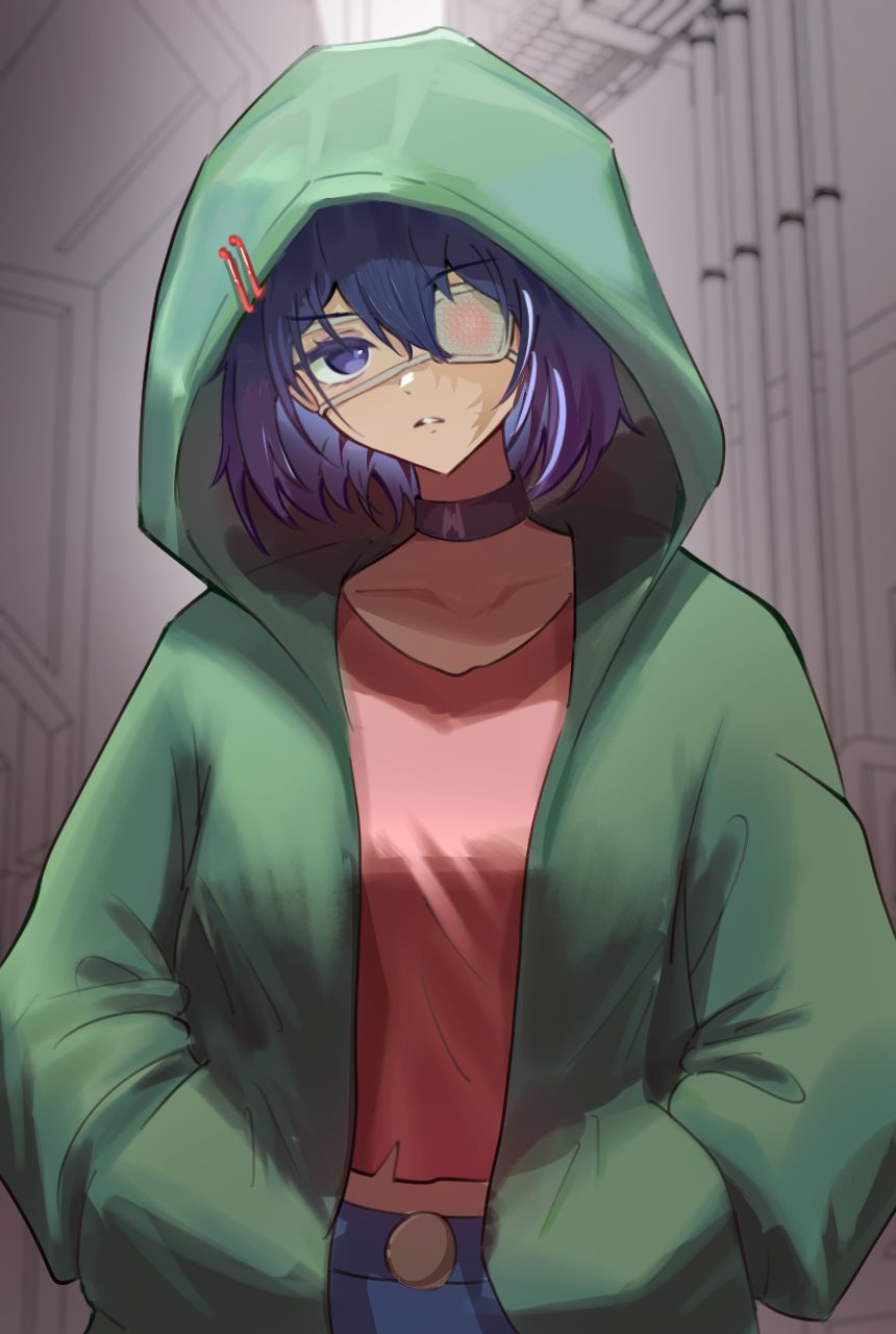 yame pi, crazy mita (miside), mita (miside), miside, commentary, highres, 1girl, black choker, blue eyes, blue hair, choker, collarbone, eyepatch, hair between eyes, hands in pockets, hood, hood up, hoodie, long sleeves, looking at viewer, medical eyepatch, open clothes, parted lips, shirt, short hair, solo, teeth