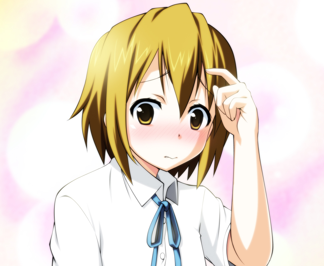 natsukon, tainaka ritsu, k-on!, 00s, 1girl, alternate hairstyle, blush, brown eyes, female focus, gradient background, hair down, school uniform, short hair, solo