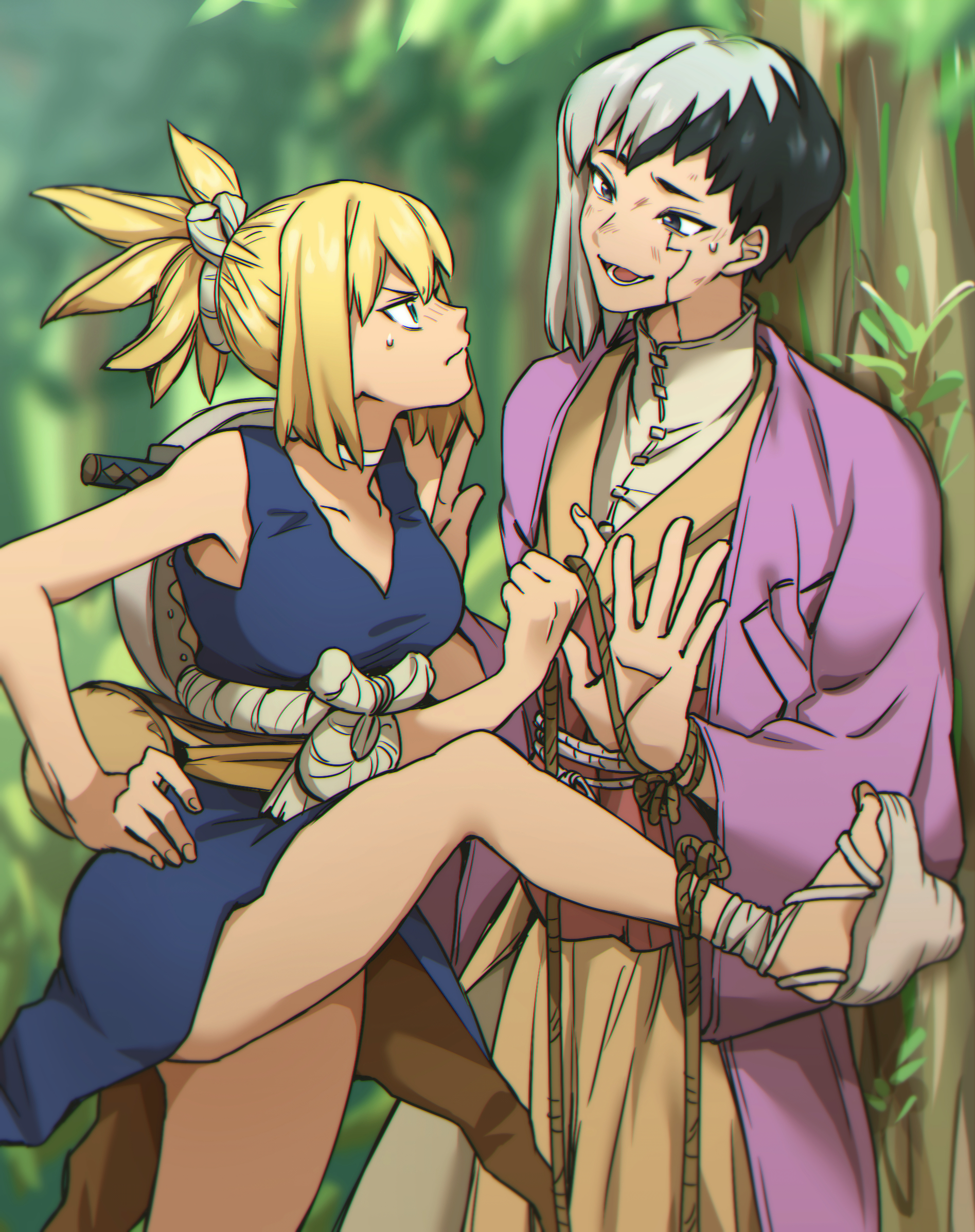 izumi whale, asagiri gen, kohaku (dr. stone), dr. stone, commentary request, highres, 1boy, 1girl, black hair, blonde hair, blue dress, blue eyes, blurry, blurry background, blush, breasts, choker, closed mouth, dress, facial mark, grey hair, hand on own hip, high heels, high ponytail, looking at another, medium hair, multicolored hair, nose blush, open mouth, outdoors, ponytail, rope, rope around wrist, rope belt, sandals, shirt, short hair, sleeveless, smile, split-color hair, standing, sweatdrop, sword, tree, turtleneck, turtleneck shirt, two-tone hair, weapon, white choker, white hair, white rope