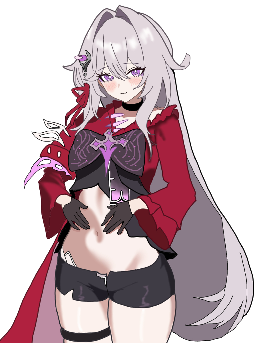 aquamarine725, thelema nutriscu, thelema nutriscu (mad pleasure: shadowbringer), honkai (series), honkai impact 3rd, commentary request, highres, 1girl, black gloves, black shorts, blush, bow, bowtie, cowboy shot, cropped shirt, gloves, grey hair, hair intakes, long hair, midriff, navel, purple bow, purple bowtie, purple eyes, red shoes, shoes, short shorts, shorts, smile, solo, thigh strap, thighs, very long hair