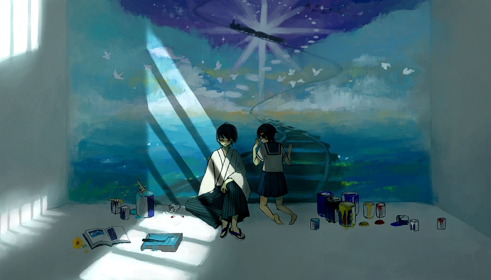 karua (artist), karua (teikiatsugirl), fuura kafuka, itoshiki nozomu, sayonara zetsubou sensei, 00s, 1boy, 1girl, barefoot, bird, black hair, book, cloud, flower, glasses, hair ornament, hairclip, hakama, hakama skirt, japanese clothes, kimono, paint, paint roller, paintbrush, painting (action), roller, sandals, school uniform, serafuku, short hair, skirt, sky, train, trim brush