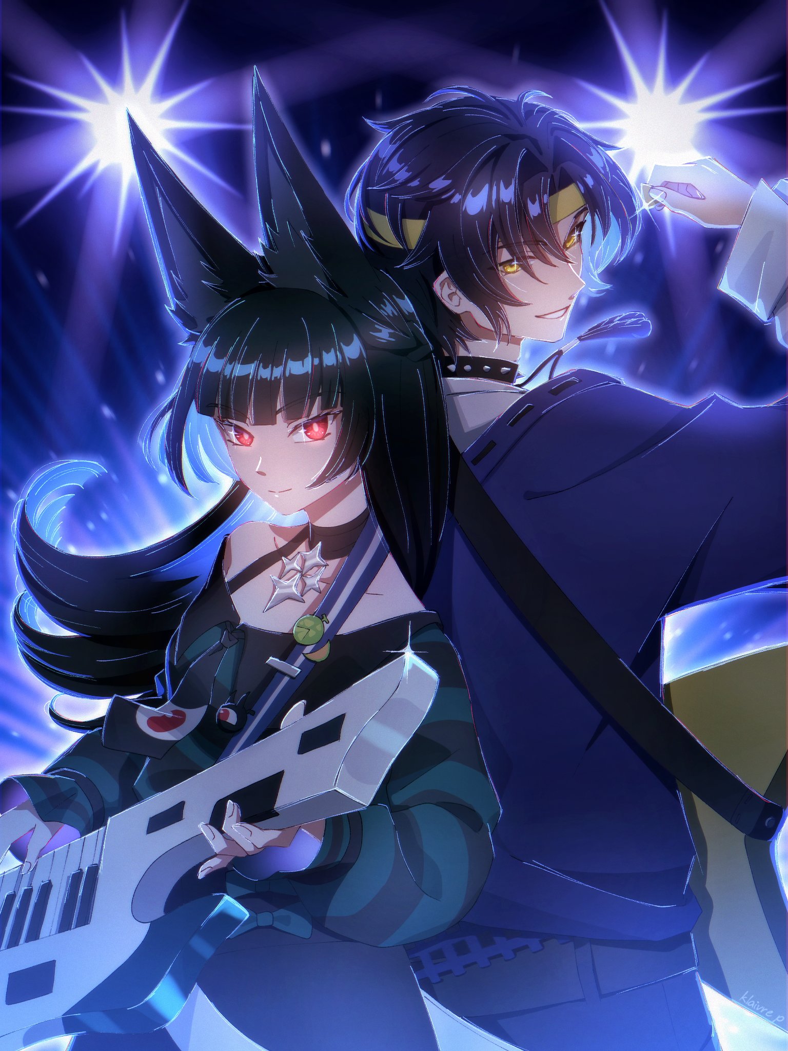 asaba harumasa, hoshimi miyabi, zenless zone zero, commentary, english commentary, highres, 1boy, 1girl, alternate costume, animal ear fluff, animal ears, arm up, artist name, back-to-back, black hair, black necktie, blue jacket, bow, closed mouth, collar, collarbone, electric guitar, fox ears, fox girl, green bow, green shirt, guitar, headband, holding, holding instrument, holding plectrum, instrument, jacket, jewelry, keytar, klaivre p, long hair, looking at viewer, music, necklace, necktie, parted bangs, parted lips, playing instrument, plectrum, red eyes, shirt, short hair, smile, sparkle, sparkling eyes, spiked collar, spikes, striped clothes, striped shirt, white shirt, yellow eyes, yellow headband