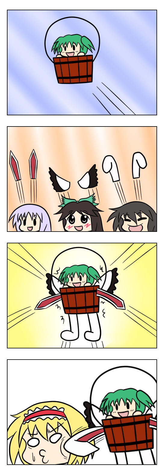 nichika (nitikapo), alice margatroid, inaba tewi, kisume, reisen udongein inaba, reiuji utsuho, touhou, bad id, bad pixiv id, highres, 4koma, 5girls, bucket, chibi, comic, face punch, female focus, gattai, in bucket, in container, in the face, multiple girls, o3o, punching, silent comic, what