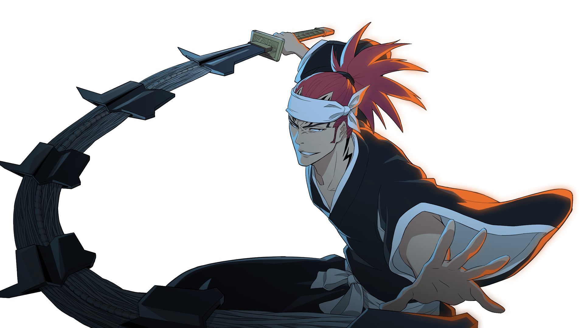 abarai renji, bleach, bleach soul resonance, highres, official art, 1boy, anime coloring, black hakama, black kimono, cowboy shot, fighting stance, forehead tattoo, grin, hakama, headband, holding, holding sword, holding weapon, incoming attack, japanese clothes, kimono, long hair, long sleeves, looking at viewer, male focus, neck tattoo, nose, outstretched arms, outstretched hand, ponytail, red hair, sash, shikai, simple background, smile, smug, solo, spiked hair, sword, tattoo, transparent background, tsurime, weapon, white headband, white sash, wide sleeves, zabimaru (shikai)