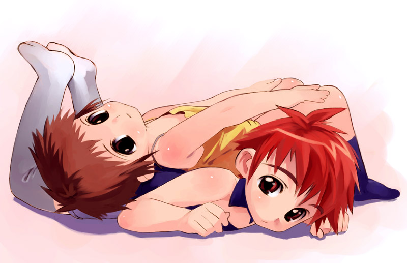 satou toshiyuki, original, 2girls, blush, brown hair, child, lying, multiple girls, red hair, socks, thighhighs, white thighhighs