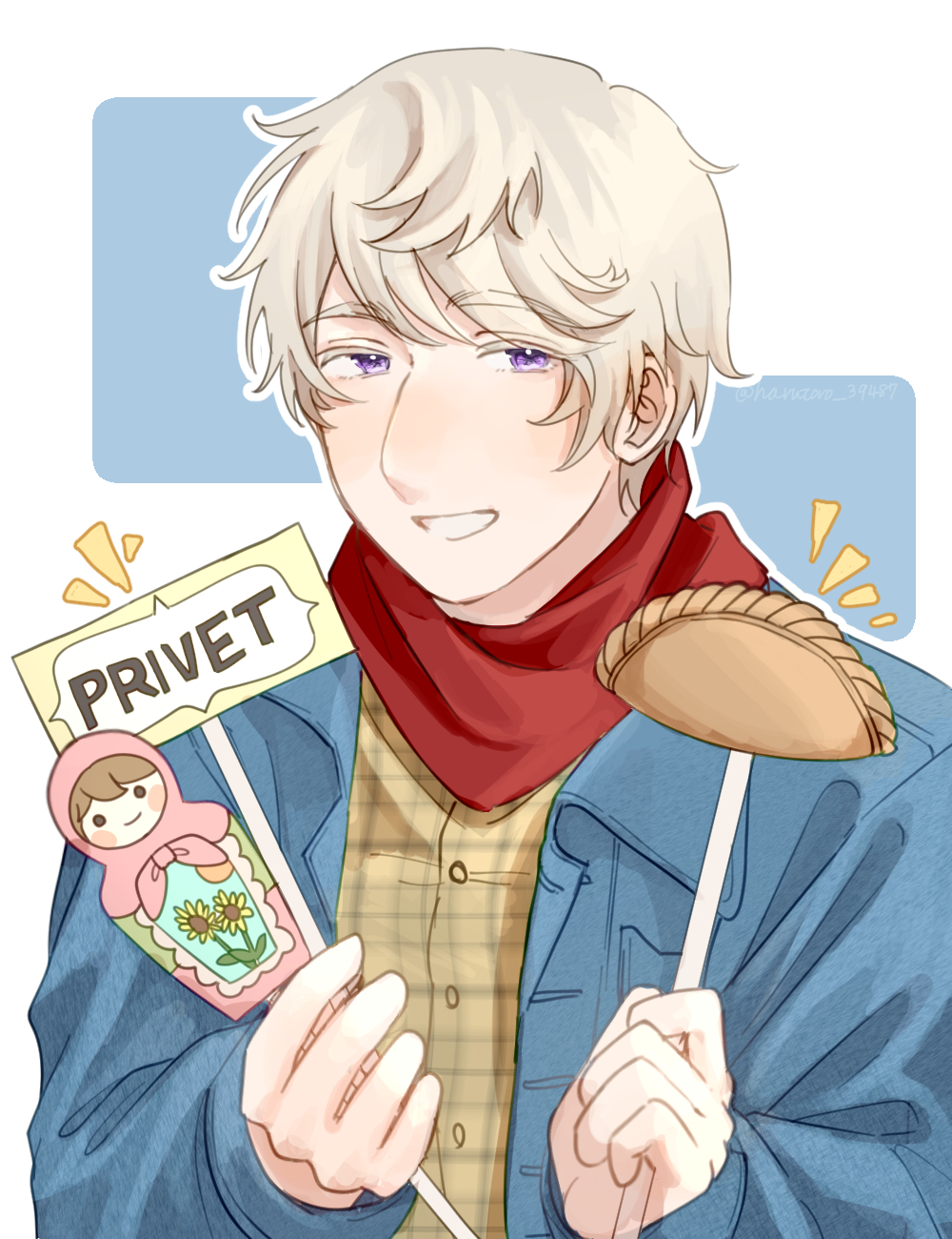 russia (hetalia), axis powers hetalia, commentary request, highres, 1boy, blue jacket, breast pocket, bun (food), buttons, collared jacket, hair between eyes, hands up, harutoro 39487, jacket, long sleeves, looking at viewer, male focus, matryoshka doll, open clothes, open jacket, plaid clothes, plaid shirt, pocket, puffy long sleeves, puffy sleeves, purple eyes, red scarf, scarf, shirt, short hair, smile, solo, teeth, upper body, white hair, yellow shirt