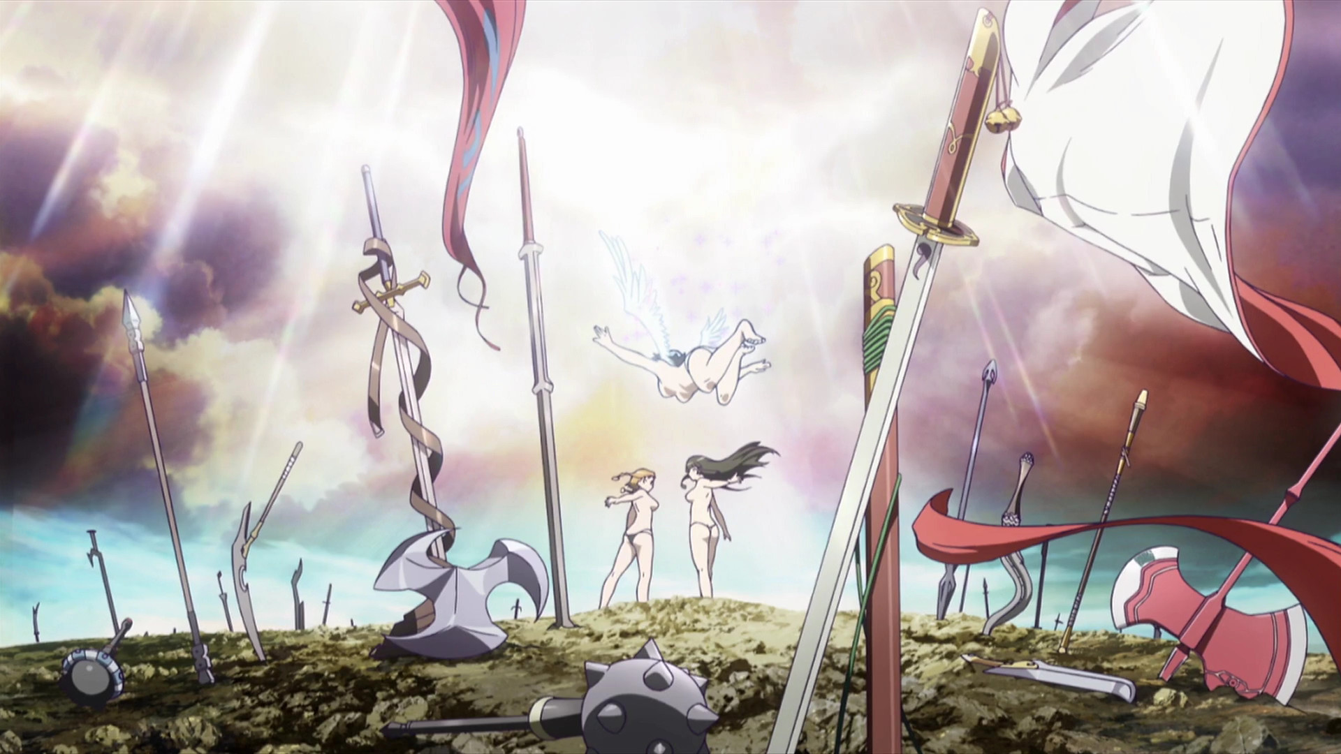 angel of light nanael, exiled warrior leina, leina (queen's blade), musha miko tomoe, nanael (queen's blade), tomoe (queen's blade), fate (series), queen's blade, highres, official art, 00s, 3girls, angel, axe, black hair, blonde hair, cloud, flying, katana, long hair, mace, multiple girls, planted, planted sword, planted weapon, polearm, scythe, sheath, sky, spear, sunlight, sword, topless female, unlimited blade works (reality marble), weapon, wings