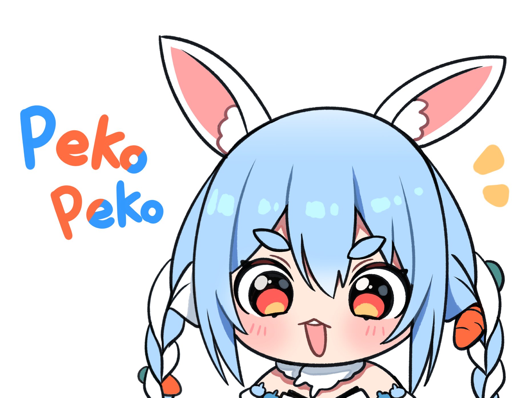 kumarang, don-chan (usada pekora), usada pekora, usada pekora (1st costume), hololive, commentary request, highres, 1girl, animal ears, blue hair, braid, carrot hair ornament, character name, dress, food-themed hair ornament, hair ornament, looking at viewer, orange eyes, rabbit ears, rabbit girl, short eyebrows, solo, twin braids, virtual youtuber, white dress