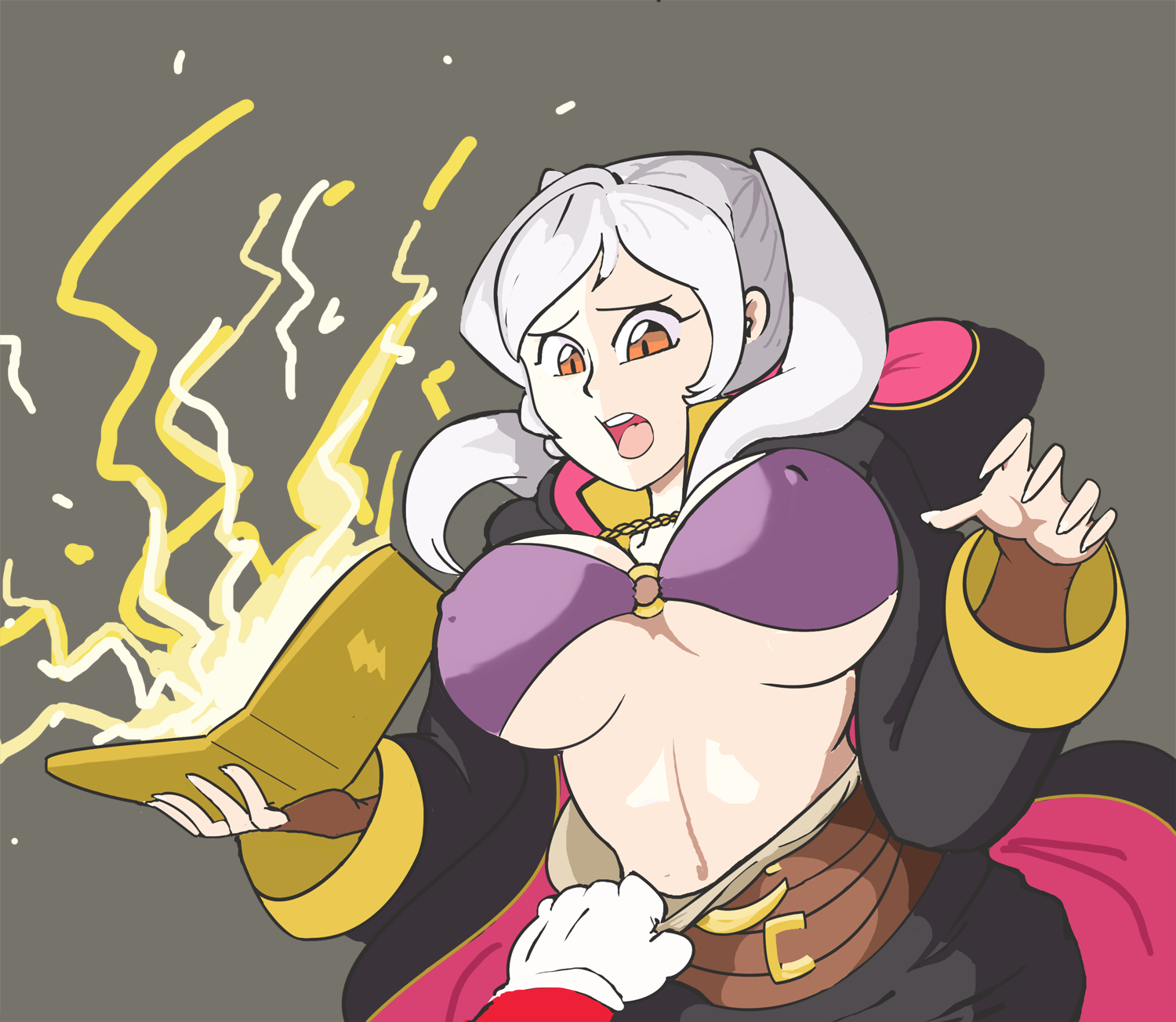 davewaterfalls, female robin (fire emblem), mario, fire emblem, fire emblem awakening, nintendo, super smash bros., book, bra, breasts, bridal gauntlets, cleavage, clothes pull, electricity, large breasts, magic, nipples, o-ring, robe, shirt pull, simple background, twintails, underboob, underwear, wardrobe malfunction, white hair, yellow eyes