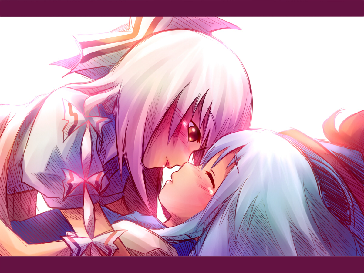 ayakashi (monkeypanch), fujiwara no mokou, kamishirasawa keine, touhou, silver hair, bad id, bad pixiv id, 2girls, blue hair, blush, bow, closed eyes, couple, female focus, hair bow, hat, imminent kiss, letterboxed, lying, multiple girls, on back, red eyes, sketch, straddling, tears, yuri