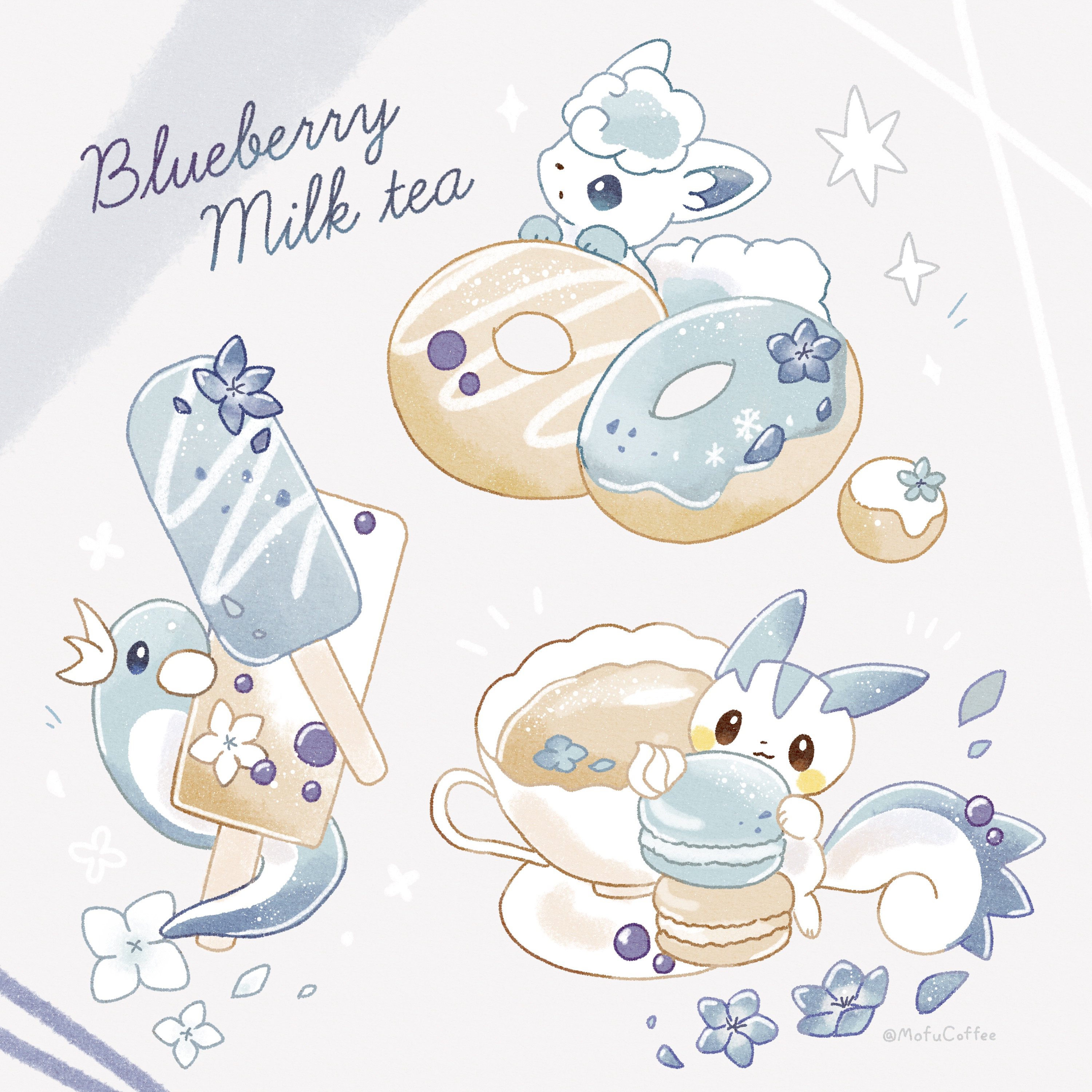 mofucoffee, dratini, pachirisu, vulpix, nintendo, pokemon, absurdres, commentary request, highres, cup, donut, food, gen 1 pokemon, gen 4 pokemon, grey background, ice cream, macaron, no humans, notice lines, pokemon (creature), pokemon focus, saucer, star (symbol), tea, teacup, twitter username