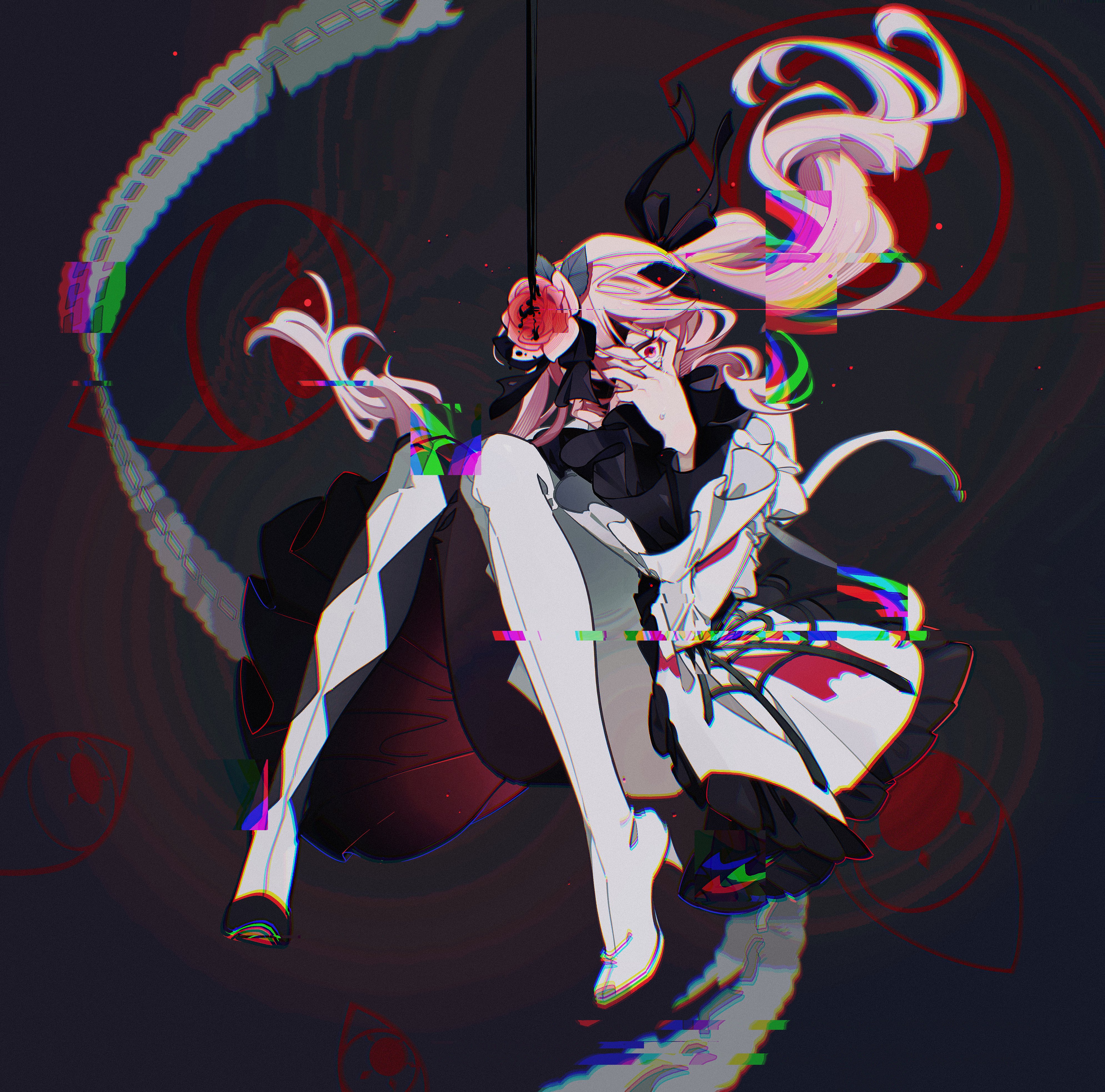 dechel, akiyama mizuki, project sekai, absurdres, commentary, highres, 1other, black background, black pantyhose, boots, clutching head, convenient leg, dress, floating hair, flower, full body, glitch, hair flower, hair ornament, hands on own face, keikyoku no machi wa doko e (project sekai), knees up, official alternate costume, one eye covered, other focus, pantyhose, pink eyes, pink flower, pink rose, rose, side ponytail, solo, two-tone pantyhose, white boots, white dress, white pantyhose, wide-eyed