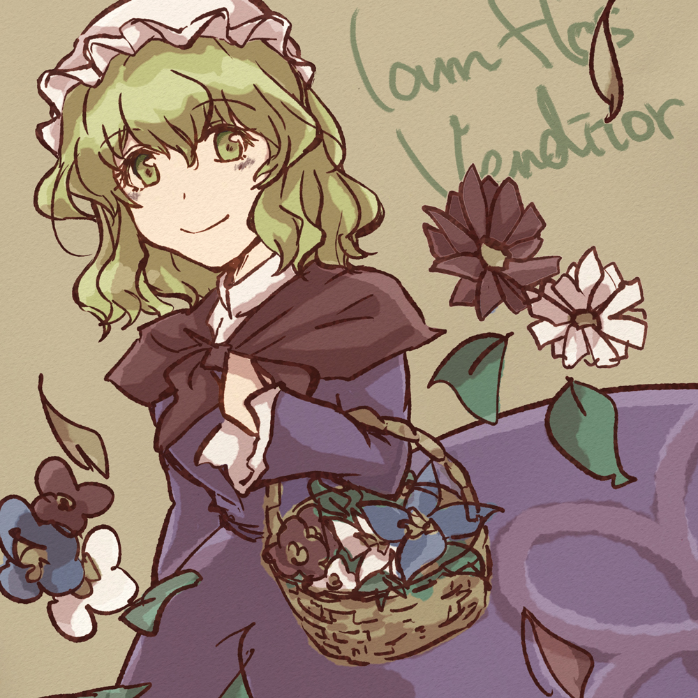 maribel hearn, touhou, commentary, english commentary, flower request, 1girl, basket, blonde hair, blush, closed mouth, collared dress, contrast collar, dress, flower, flower basket, grey background, hair between eyes, hat, holding, holding basket, leaf, long dress, long sleeves, looking at viewer, mob cap, purple dress, red shawl, sanwa no jako (daikichi club), shawl, sleeve cuffs, smile, solo, white hat, yellow eyes