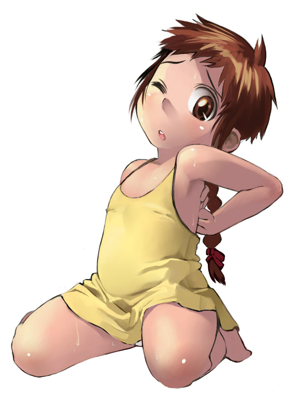 satou toshiyuki, original, armpits, barefoot, blush, braid, brown eyes, brown hair, child, kneeling, solo, sweat