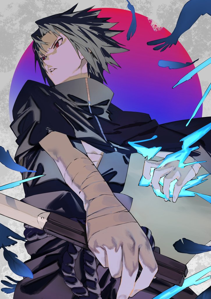 mi8pq, uchiha sasuke, naruto (series), commentary request, 1boy, arm up, bandages, black hair, collared shirt, cowboy shot, falling feathers, feathers, holding, holding weapon, looking ahead, male focus, outstretched arm, parted hair, parted lips, red eyes, rope belt, shirt, solo, weapon