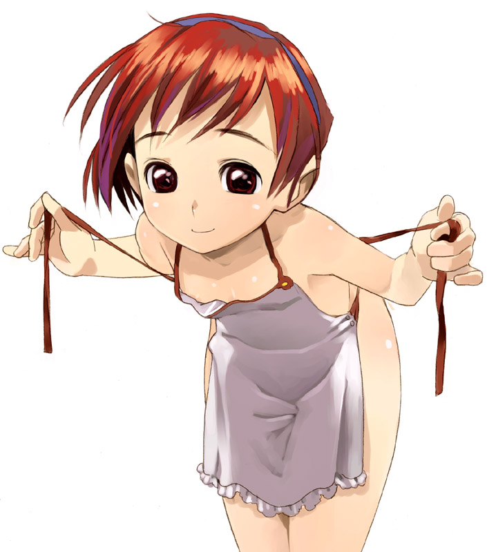 satou toshiyuki, 1girl, apron, blush, brown eyes, female focus, loli, naked apron, red hair, short hair, simple background, smile, solo, white background