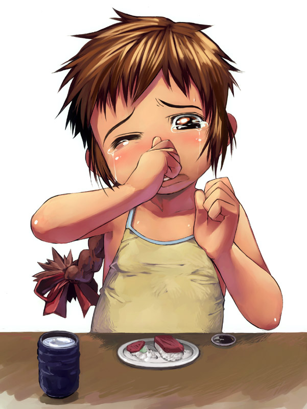 satou toshiyuki, original, 1girl, blush, braid, brown eyes, brown hair, cup, female focus, fish (food), food, long hair, nigirizushi, plate, rice, solo, spiked hair, sushi, tears, wasabi, yunomi
