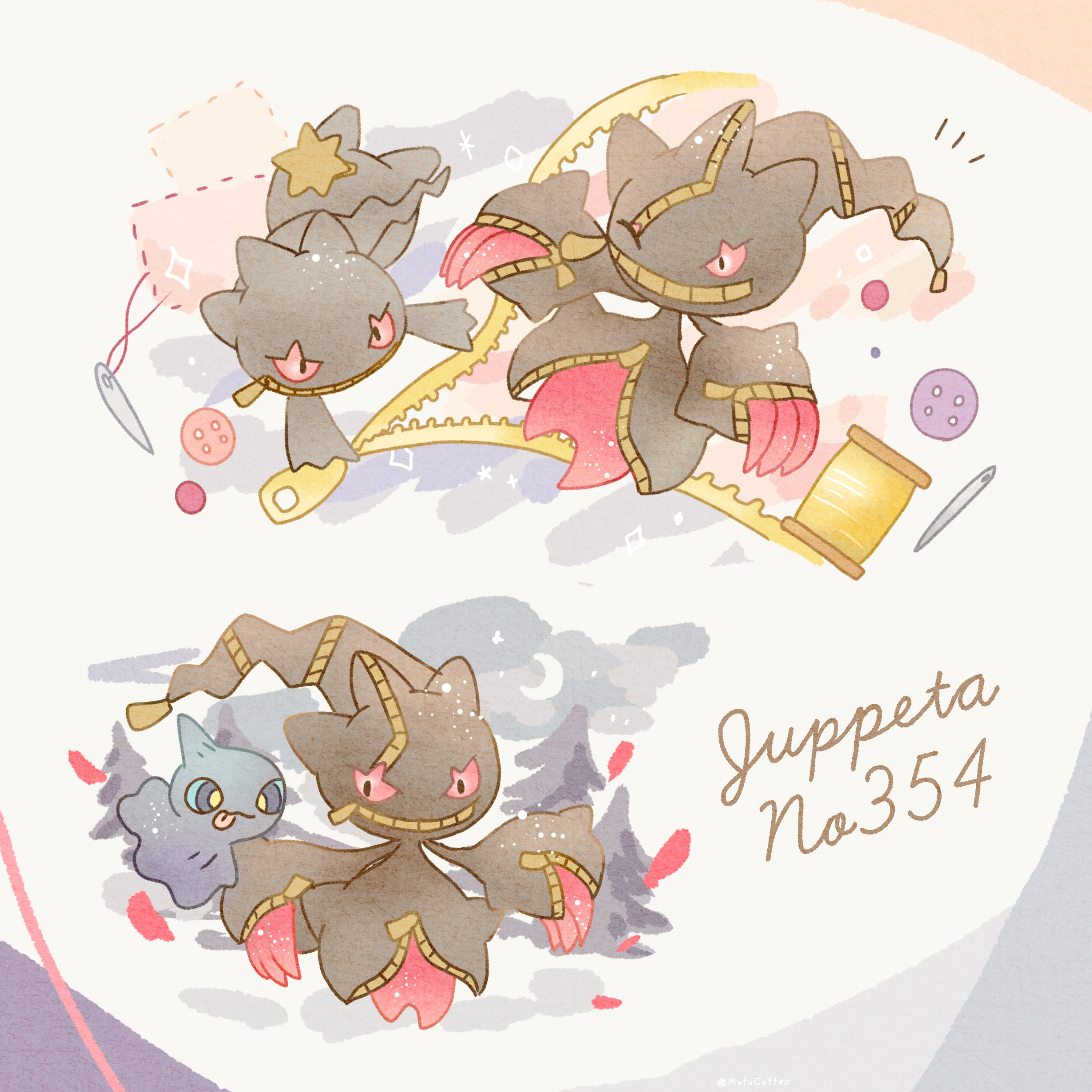 mofucoffee, banette, mega banette, shuppet, nintendo, pokemon, absurdres, commentary request, highres, :p, crescent moon, evolutionary line, gen 3 pokemon, mega pokemon, moon, needle, no humans, pokemon (creature), pokemon focus, red eyes, sewing needle, tongue, tongue out, tree, zipper