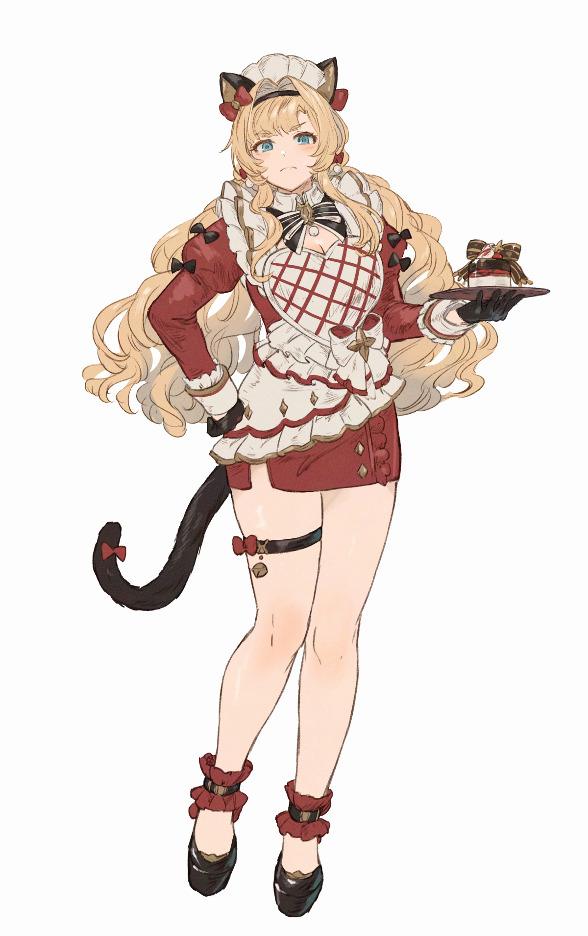 hibana (hibana ztlv), zeta (granblue fantasy), granblue fantasy, commentary, highres, symbol-only commentary, 1girl, alternate costume, animal ears, aqua eyes, bell, black bow, black gloves, black hairband, black shoes, blonde hair, blush, bow, bowtie, breasts, cat ears, cat tail, cleavage, closed mouth, enmaided, frilled anklet, full body, gloves, hairband, hand on own hip, holding, holding tray, juliet sleeves, long hair, long sleeves, looking at viewer, maid, maid headdress, puffy sleeves, red bow, shoes, simple background, solo, striped bow, striped bowtie, striped clothes, tail, thigh strap, tray, very long hair, white background, white headdress
