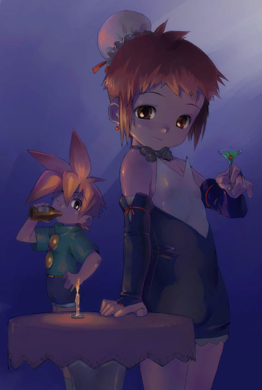 satou toshiyuki, original, brown eyes, brown hair, candle, child, dress, drink, earrings, hair bun, jewelry, martini, single hair bun, smile