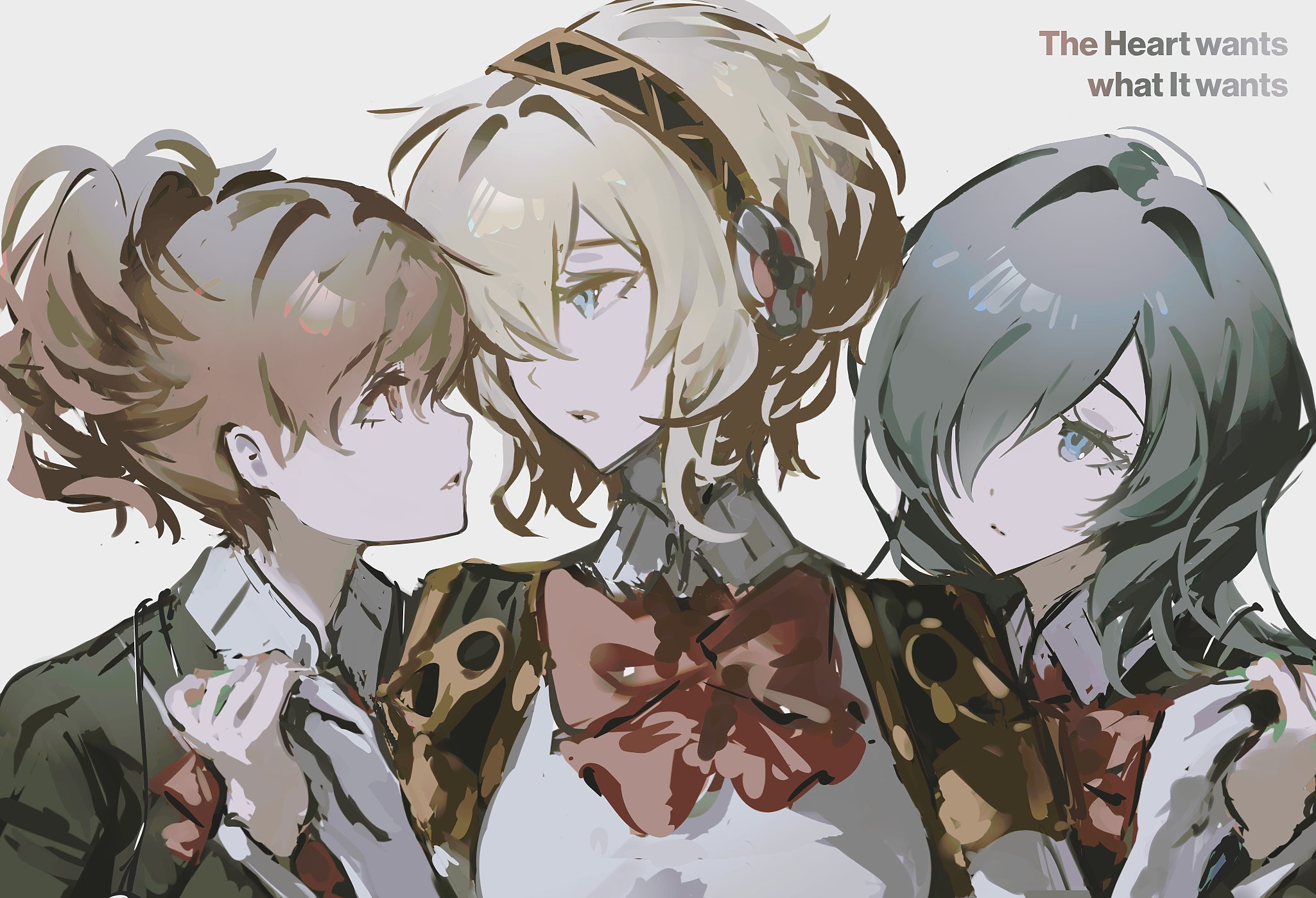 k1kiwa, aigis (persona), shiomi kotone, yuuki makoto (persona 3), persona, persona 3, persona 3 portable, commentary request, highres, 3girls, android, black jacket, blonde hair, blue eyes, blue hair, bow, bowtie, brown eyes, brown hair, english text, from side, gekkoukan high school uniform, genderswap, genderswap (mtf), girl sandwich, gold hairband, hair over one eye, hairband, hand up, holding hands, jacket, joints, long hair, looking at another, multiple girls, one eye covered, parted lips, ponytail, portrait, red bow, red bowtie, robot ears, robot joints, sandwiched, school uniform, short hair, simple background, white background, yuri