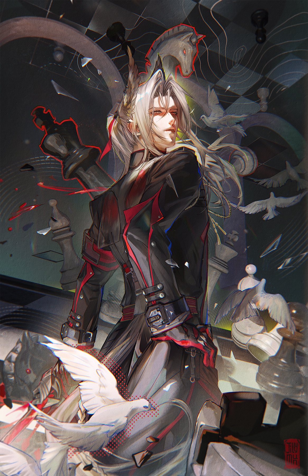 munjilly, arknights, arknights: endfield, commentary, english commentary, highres, 1boy, animal ears, bird, black coat, black gloves, chess piece, coat, cowboy shot, dove, extra ears, from behind, gloves, grey hair, hand on own hip, long hair, long sleeves, looking at viewer, looking back, male focus, parted lips, pogranichnik (arknights), ponytail, slit pupils, solo, yellow eyes