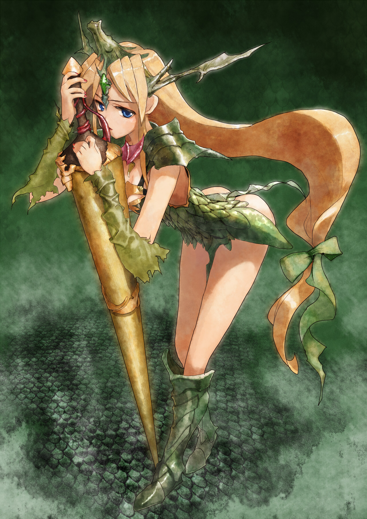 bob (biyonbiyon), dragon master, dragon master (seiken densetsu 3), riesz, seiken densetsu, seiken densetsu 3, highres, 1girl, armor, bent over, blonde hair, blue eyes, boots, female focus, green boots, head wings, helmet, knee boots, lance, leaning forward, leotard, long hair, low-tied long hair, polearm, solo, spear, weapon, winged helmet, wings