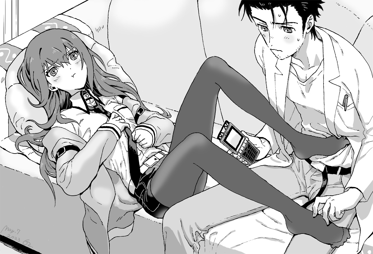 rocni, makise kurisu, okabe rintarou, science adventure, steins;gate, commentary request, 1boy, 1girl, adam's apple, arm belt, barefoot, beard stubble, belt, black belt, black hair, black pantyhose, black shorts, blush, breast pocket, breasts, brown hair, brown jacket, brown pants, coat, collarbone, collared shirt, couch, couple, embarrassed, facial hair, greyscale, hair between eyes, hair over shoulder, hetero, holding, holding phone, indoors, jacket, jacket partially removed, lab coat, lapels, leather belt, legs on another's lap, long hair, long sleeves, lying, messy hair, monochrome, no shoes, notched lapels, object in pocket, on back, on couch, pants, pantyhose, pen in pocket, phone, pillow, pocket, pout, shirt, shirt tucked in, shorts, small breasts, stubble, t-shirt, white belt, white coat, white shirt