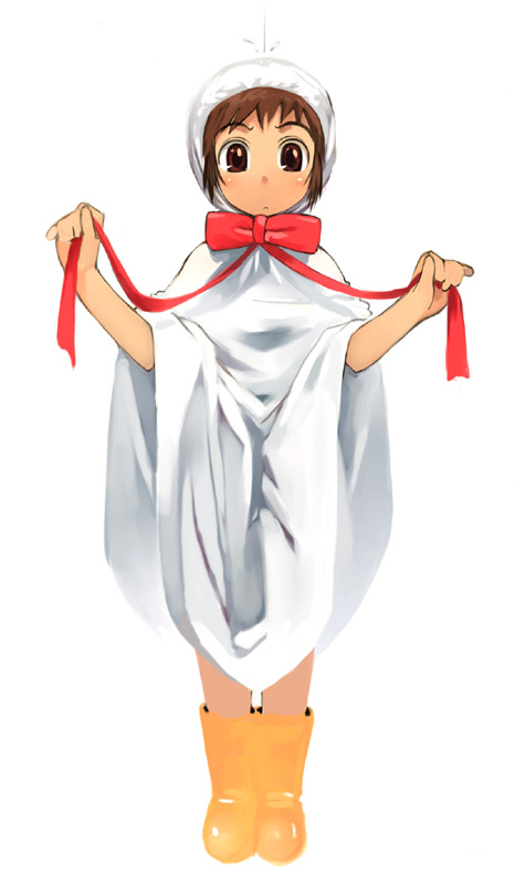 satou toshiyuki, original, blush, boots, brown eyes, brown hair, ribbon, solo, teruterubouzu