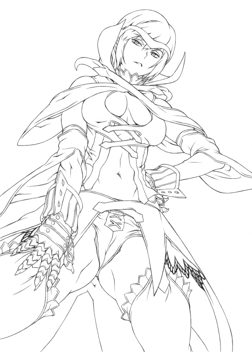 kei (bekei), capcom, monster hunter (series), monster hunter 3, abs, detached sleeves, from below, gigginox (armor), gloves, greyscale, hand on own hip, hip focus, monochrome, navel, solo, thighhighs