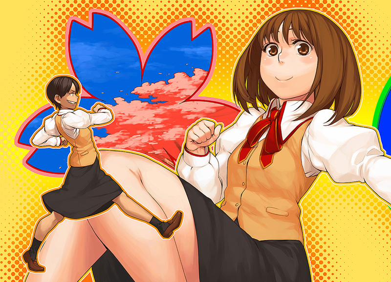 azusa (hws), makidera kaede, saegusa yukika, fate/stay night, fate (series), 00s, 2girls, black hair, brown hair, dark-skinned female, dark skin, homurabara academy school uniform, multiple girls, school uniform, short hair, smile