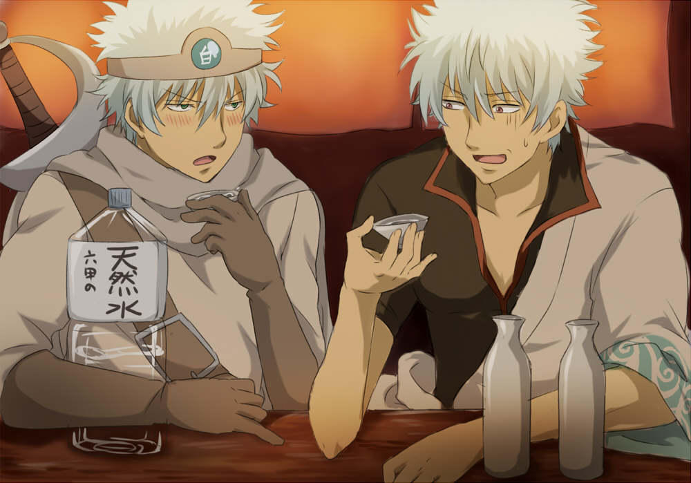 maruki (punchiki), leukocyte king, sakata gintoki, gintama, silver hair, bad id, 00s, 2boys, alcohol, blue eyes, cape, drinking, drunk, headband, japanese clothes, male focus, multiple boys, red eyes, sake, sword, weapon