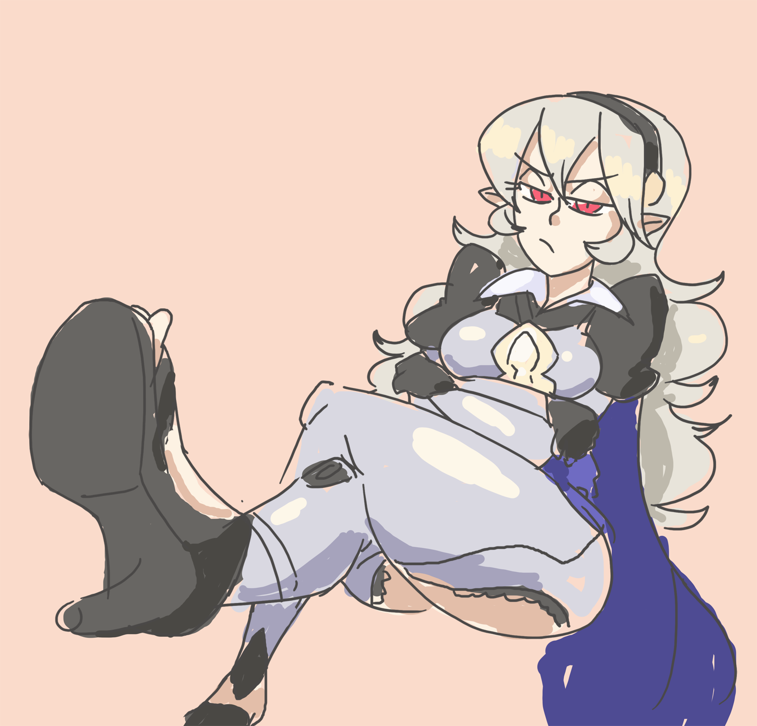 davewaterfalls, female corrin (fire emblem), fire emblem, fire emblem fates, nintendo, unfinished, ass, cape, crossed arms, crossed legs, dragon girl, foot focus, hairband, high heels, long hair, pointy ears, pout, red eyes, simple background, white hair