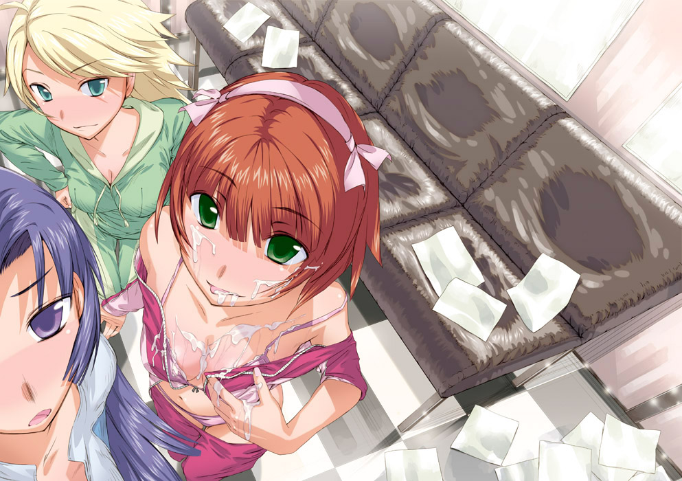 princess spirit, amami haruka, hoshii miki, kisaragi chihaya, idolmaster, idolmaster (classic), 00s, 3girls, blonde hair, blue hair, bra, brown hair, bukkake, couch, cum, from above, green eyes, hair ribbon, lingerie, multiple girls, panties, paper, ribbon, tongue, underwear