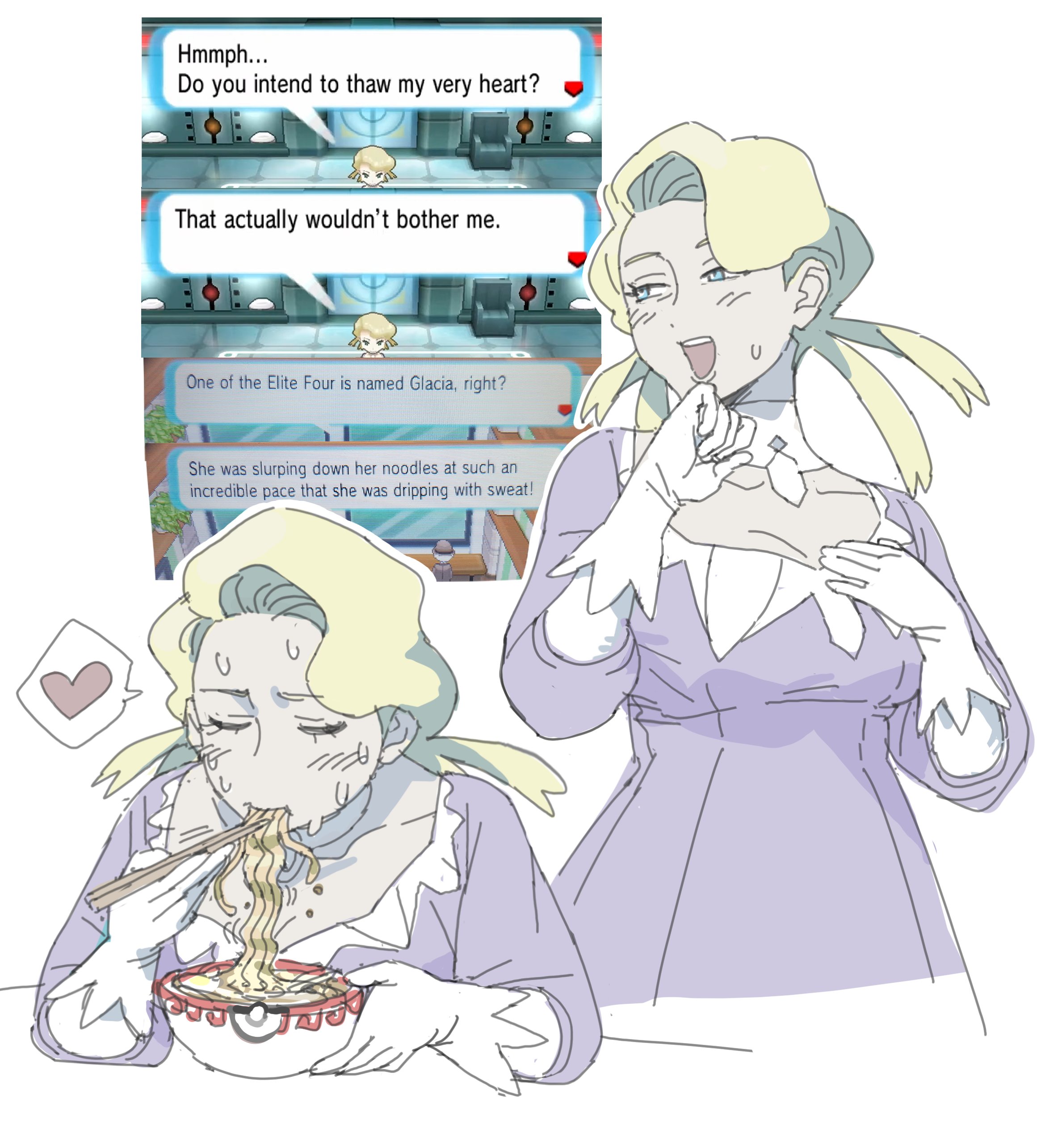woogleboy, glacia (pokemon), nintendo, pokemon, pokemon oras, 1girl, blonde hair, blue eyes, blush, chopsticks, closed eyes, collarbone, detached collar, dress, eating, english text, food, gloves, heart, looking to the side, noodles, open mouth, ramen, screenshot inset, smile, solo, swest