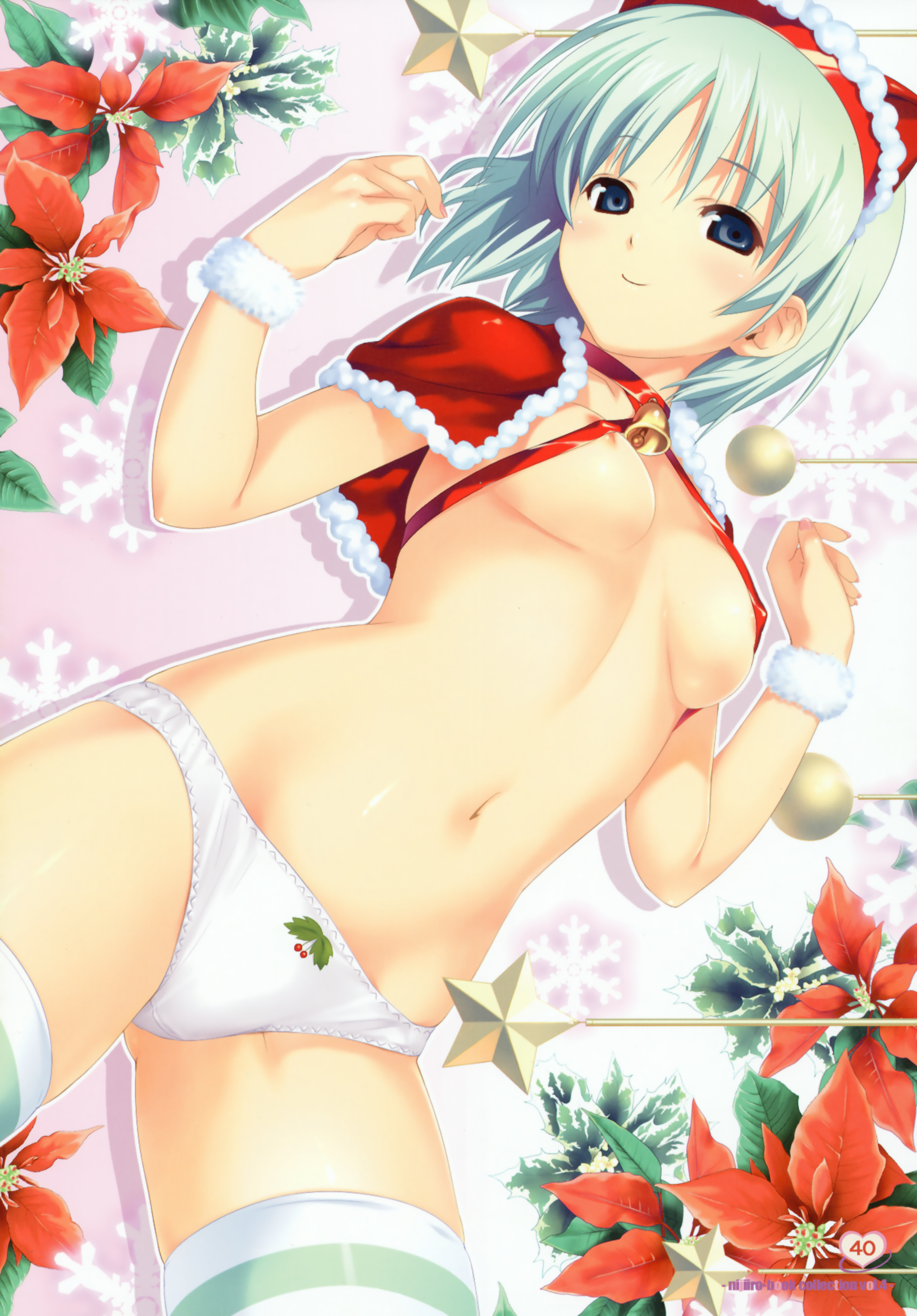 koutaro, original, absurdres, highres, 1girl, areola slip, bell, blue eyes, breasts, christmas, christmas ornaments, covered erect nipples, female focus, flower, green hair, holly, lying, medium breasts, mistletoe, naked ribbon, navel, on back, panties, poinsettia, ribbon, short hair, skindentation, smile, solo, striped clothes, striped thighhighs, thighhighs, underwear, white panties, wristband
