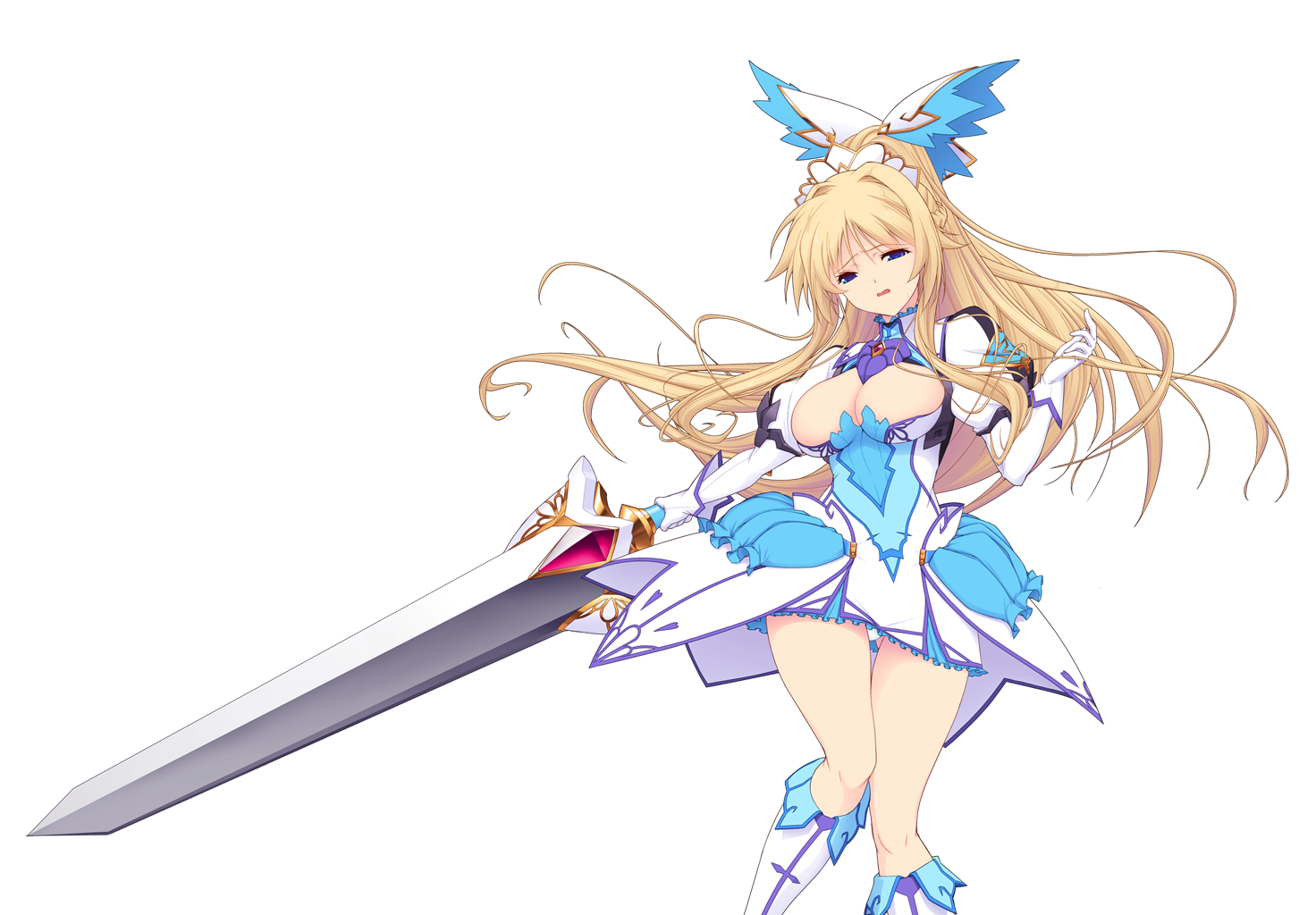 saitou natsuki, suhamaya, erika la etienne, kourin tenshi en ciel rena, game cg, large variant set, non-web source, official art, variant set, 1girl, armor, armored dress, blonde hair, blue eyes, boots, braid, breasts, cleavage, cleavage cutout, clothing cutout, dress, gloves, hair ornament, holding, holding weapon, huge weapon, knee boots, large breasts, long hair, magical girl, open mouth, puffy sleeves, purple eyes, skirt, solo, sword, thigh gap, transparent background, weapon, white gloves