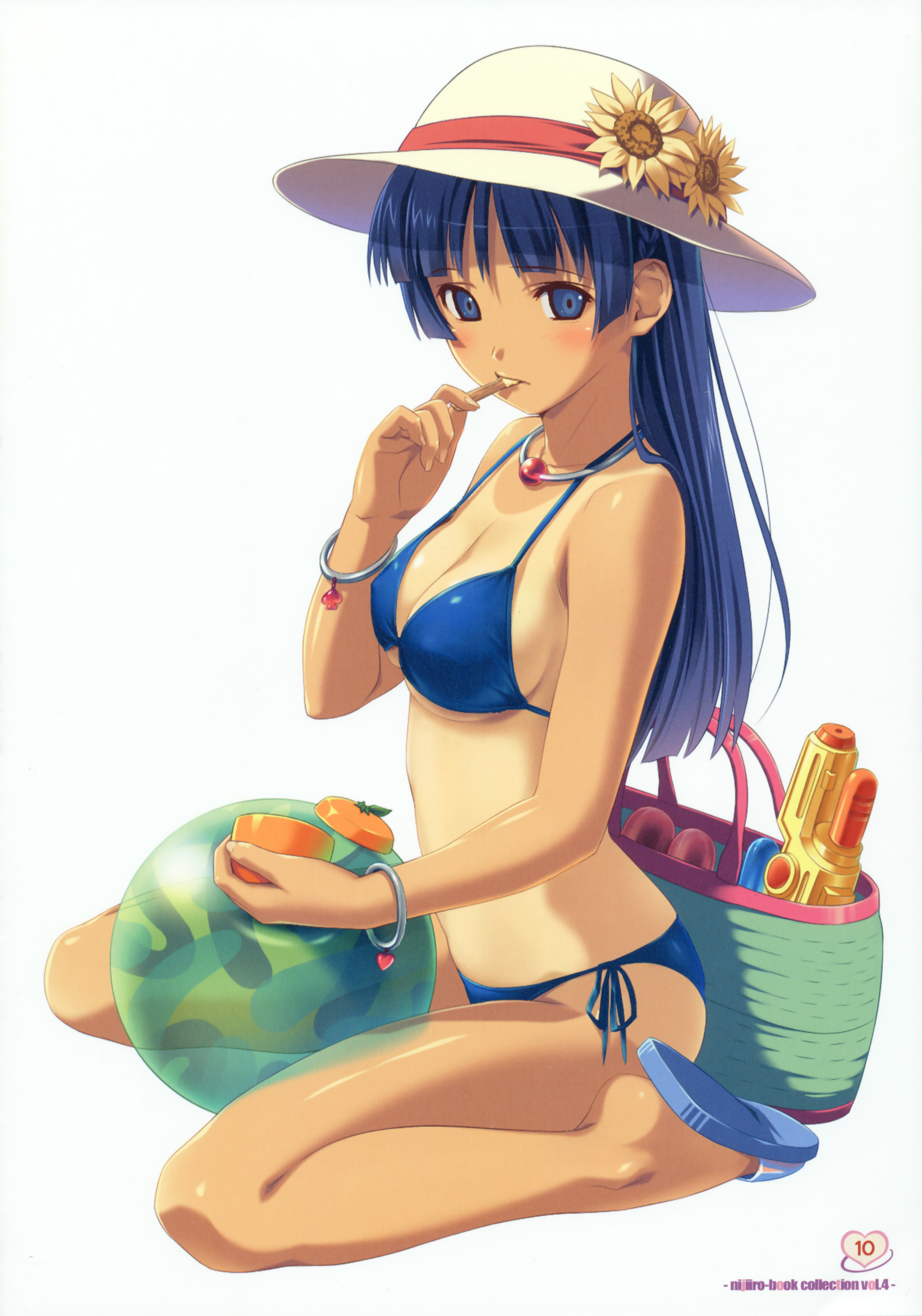 koutaro, original, absurdres, highres, 1girl, bikini, blue bikini, blue eyes, blue hair, breasts, cleavage, female focus, hat, jewelry, long hair, matching hair/eyes, necklace, one-piece tan, side-tie bikini bottom, sideboob, sitting, solo, swimsuit, tan, tanline, wariza, water gun