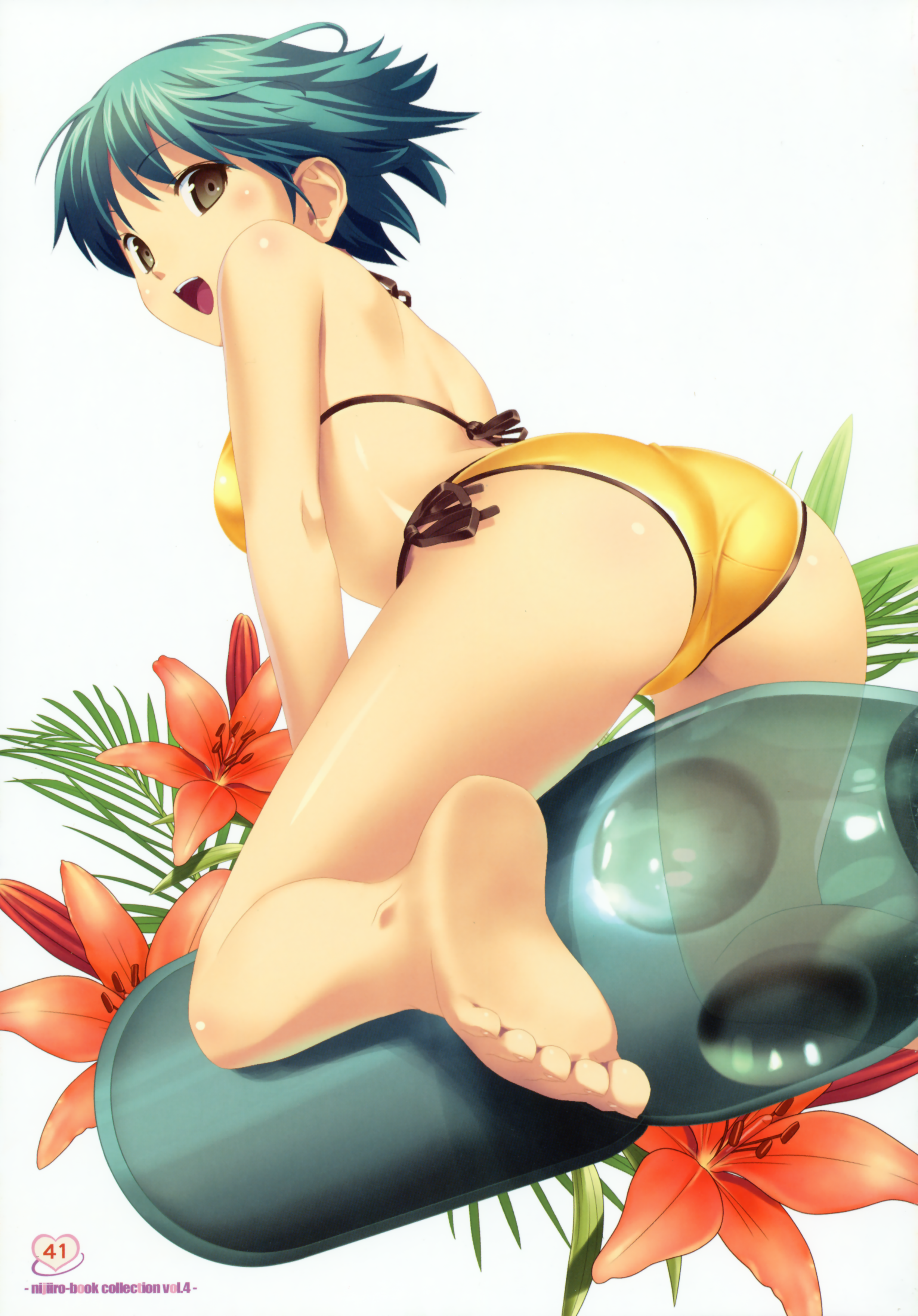 koutaro, original, absurdres, highres, 1girl, arched back, ass, barefoot, bikini, brown eyes, feet, female focus, flower, from behind, green hair, lily (flower), looking back, open mouth, page number, ramune, short hair, side-tie bikini bottom, smile, solo, swimsuit, white background, yellow eyes