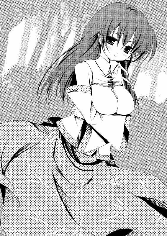 nigo (aozoragarou), kochiya sanae, touhou, 1girl, breasts, detached sleeves, female focus, forest, greyscale, large breasts, monochrome, nature, outdoors, plant, skirt, solo