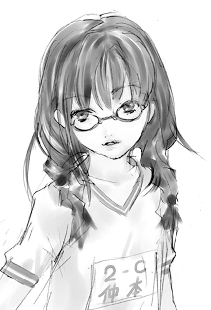 hapoi-dokoro, okazaki takeshi, braid, glasses, greyscale, lips, monochrome, solo, twin braids