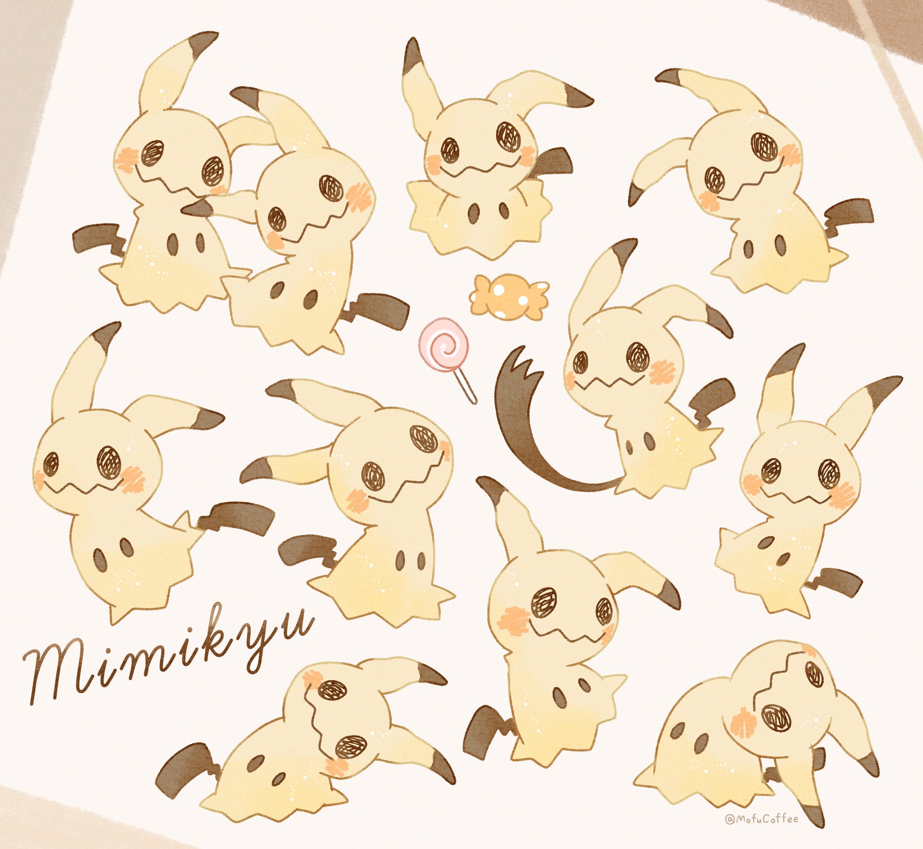 mofucoffee, mimikyu, nintendo, pokemon, absurdres, commentary request, highres, blush stickers, candy, character name, food, gen 7 pokemon, lollipop, no humans, pokemon (creature), pokemon focus, swirl lollipop, twitter username, wavy mouth, white background, wrapped candy