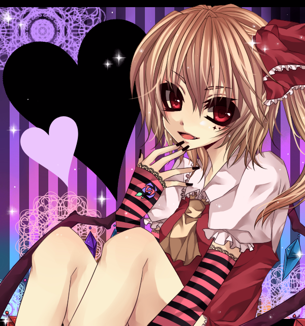 sakurase yuzuru, flandre scarlet, touhou, 1girl, black nails, blonde hair, female focus, fingernails, hat, nail polish, ponytail, red eyes, short hair, side ponytail, solo, striped background, wings