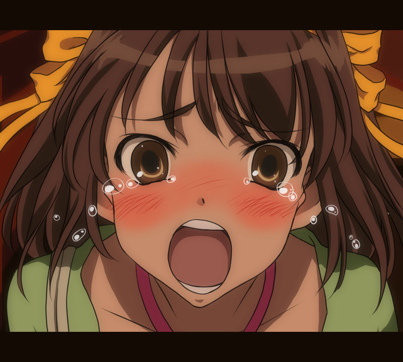 kamia (not found), suzumiya haruhi, suzumiya haruhi no yuuutsu, 00s, 1girl, anime coloring, blouse, blush, female focus, green shirt, letterboxed, shirt, solo, tears