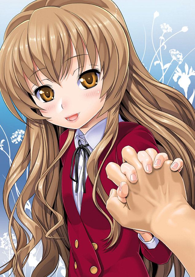 black olive, sugaishi, sugaishi (unbr), aisaka taiga, toradora!, 00s, 1girl, blush, brown eyes, brown hair, fingernails, holding hands, lips, lipstick, long hair, makeup, nail polish, pink nails, school uniform, smile, solo focus