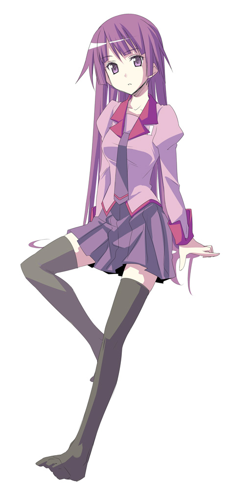 himura kiseki, senjougahara hitagi, bakemonogatari, monogatari (series), 00s, feet, long hair, purple eyes, purple hair, school uniform, simple background, skirt, solo, thighhighs, zettai ryouiki