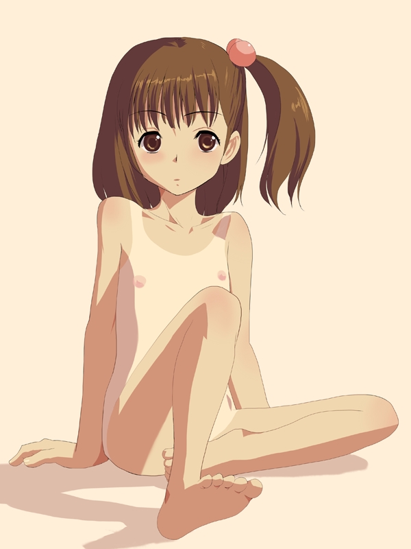 natori (natorism), original, 1girl, barefoot, brown hair, feet, female focus, flat chest, loli, nipples, nude, one-piece tan, one side up, paint.net (medium), side ponytail, sitting, solo, tan, tanline